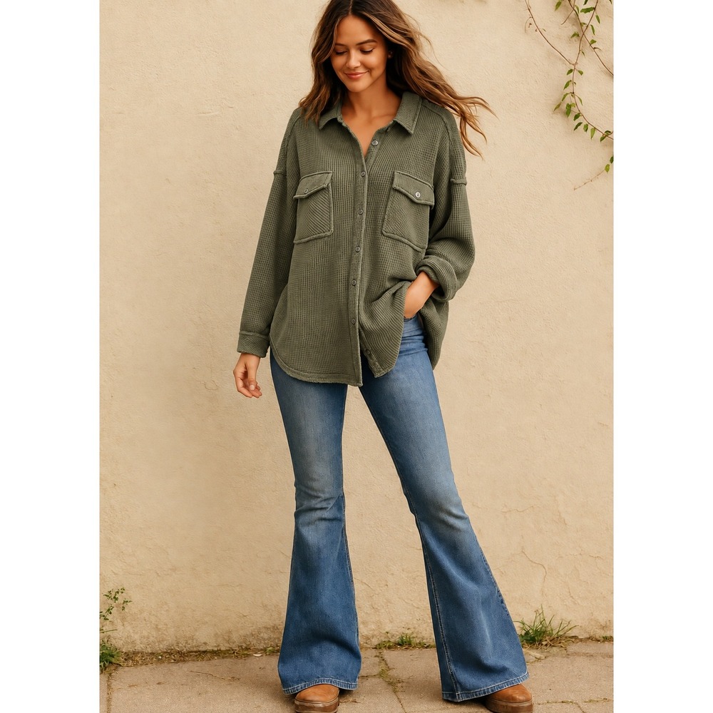 Aerie Lumberjane Waffle Shirt Shacket Women M Military Green Oversized Button Up